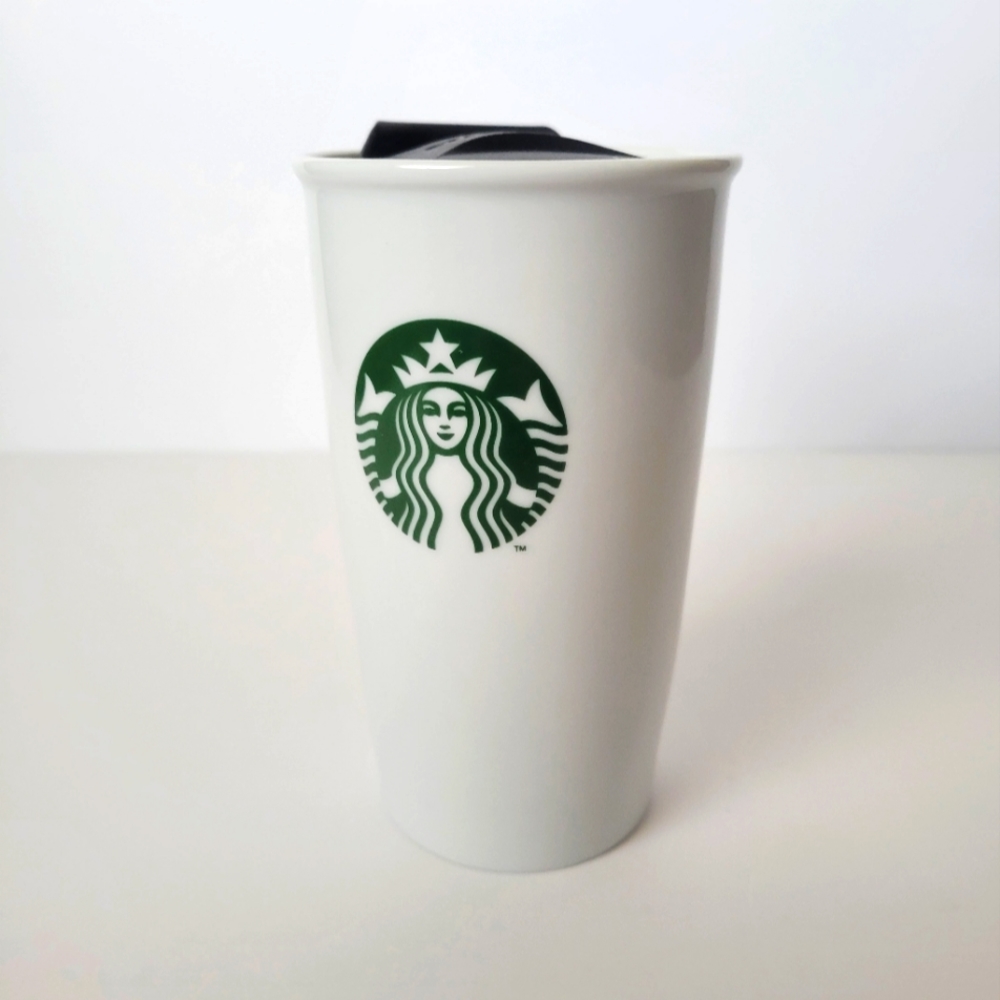 Starbucks Green Mermaid Logo Ceramic White Travel Tumbler with Lid 12 FL OZ 2013